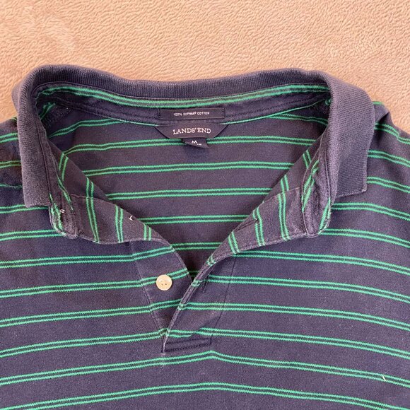 Lands End Mens Polo Shirt M 38-40 Striped Long-Sleeve Navy & Green 100% Supima - Picture 6 of 10
